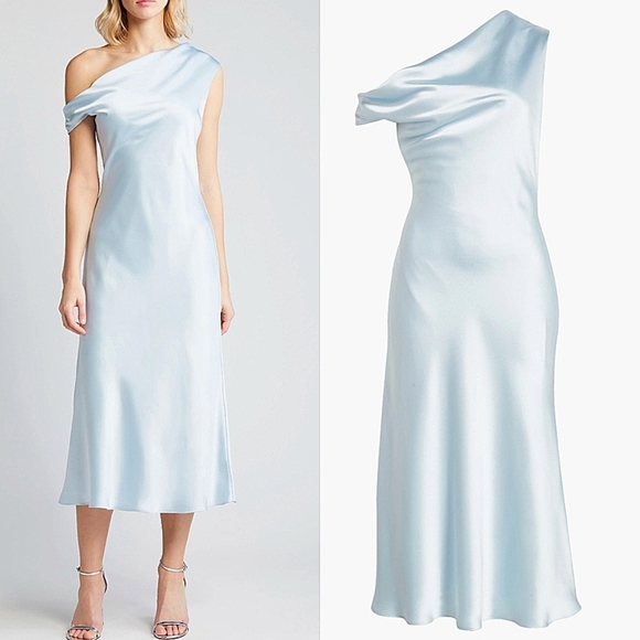 Amsale Dresses & Skirts - BHLDN Amsale One-Shoulder Satin Midi Dress Ice Blue Gown Size 4 NWOT